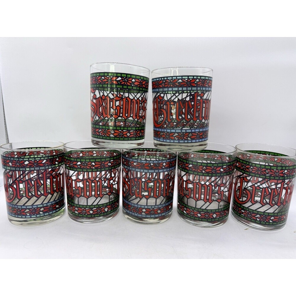 Set 7 Vintage Houze Stained Glass Seasons Greetings Christmas Low Ball Tumbler